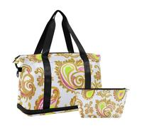 Bolsa de lona retro de moda con diseño de cachemira, color dorado y amarillo, para llevar a cabo el fin de semana con correa ajustable para trekking de gran capacidad, retro moda flor cachemira oro,