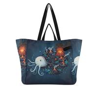 Bolsa de lona reutilizable para cocina, bolsas de comestibles, bolsa de todo para hombres, regalos de despedida de soltera, collage de trincheras de mar profundo Nautilus (1)