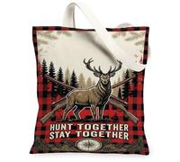 Bolsa de lona rústica con cita de pareja de caza, 33 x 38 cm | Patrón de cuadros escoceses, paisaje del bosque, rifles cruzados, decoración rústica de cabaña, regalo para entusiastas del
