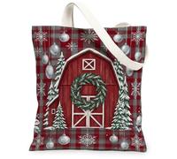Bolsa de lona rústica para decoración navideña de granero de 13 x 15 | Buffalo Plaid, corona de hoja perenne, adornos colgantes, copos de nieve de invierno, estilo granja