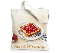 Bolsa de lona tostada para mujer, desayuno, casual, mermelada, arándanos, verano, marrón, lavable, reutilizable, estética, ideas F, Marrón, 13x15 Inch