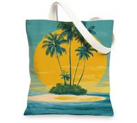 Bolsa de lona tropical, bolsa de compras reutilizable con patrón vintage de isla de palmera, ligera, lavable, respetuosa con el medio ambiente, verde azulado, 13x15 Inch