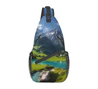 Bolsa de lona unisex con estampado de perro bajo la luna, bolsa cruzada para viajes, senderismo, escalada, correr, ciclismo., Paisaje del lago de las tierras altas, Talla única