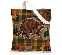 Bolsa de lona vintage de mapache de otoño para ir de compras, 33 x 38 cm, bolsa de comestibles reutilizable para mujer, diseño estético de bosque, decoración de regalo