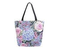 Bolsa de lona vintage floral azul hortensia mujer bolsa de playa rosas lila flores silvestres bolso de hombro grande reutilizable bolso ligero para compras comestibles viajes