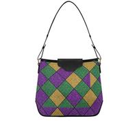 Bolsa de mano con bolsillos y rombos color morado, dorado y verde, bolsa de mano mediana casual, bolsa de hombro de piel sintética para cita nocturna y avión, tamaño mediano
