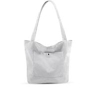 Bolsa de mano de pana para mujer, gran capacidad, correa de hombro ajustable, bolsillo principal con cremallera, Gris, Large