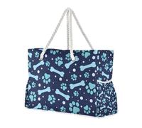 Bolsa de mano lavable de gran capacidad con bolsillos laterales y estampado de huellas de huesos de dibujos animados, color azul, para piscina, gimnasio, viajes