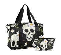 Bolsa de mano negra con diseño de calavera y margaritas, bolsa de fin de semana con bolsa de aseo para viajes en avión, gran capacidad, Calavera de margarita negra, 1 size
