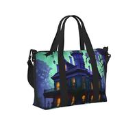 Bolsa de mano negra con estampado de mansión embrujada, para mujeres y hombres, ligera, plegable, para camping, uso diario, actividades al aire libre