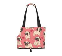 Bolsa de Mano para Mascotas, Bolso de Mano portátil de Viaje para Perros con Hebilla de Metal de Seguridad para Caminatas en el Metro, Perro Pug Corazón de San Valentín