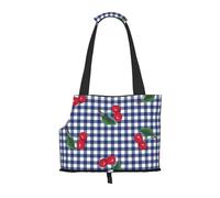 Bolsa de Mano para Mascotas, Bolso de Mano portátil de Viaje para Perros con Hebilla de Metal de Seguridad para Caminatas en el Metro, Imprimir Cerezas en Cuadros Azules
