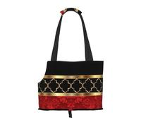 Bolsa de Mano para Mascotas, Bolso de Mano portátil de Viaje para Perros con Hebilla de Metal de Seguridad para Caminatas en el Metro, Elegante patrón de cuatrifolio Rojo, Negro y Dorado