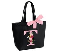 Bolsa de Mano Personalizada con Inicial, Mujer Bolsos Tote Bag Shopper, Regalos para Mujer Alfabeto Bolsa, Adecuada para Bodas, Cumpleaños, Navidad, Regalo para mamás, amigas, damas de honor(T)