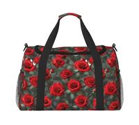 Bolsa de mano plegable con estampado de rosas rojas, gran capacidad, para escapadas de fin de semana en avión