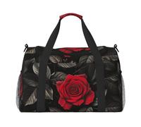 Bolsa de mano plegable con estampado de rosas rojas y hojas negras, gran capacidad, para escapadas de fin de semana en avión