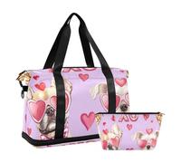 Bolsa de mano rosa con diseño de cachorro de San Valentín para gimnasio, deportes, bolsa de aseo para senderismo, gran capacidad, Pink Valentine Puppy Love, 1 size