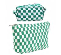 Bolsa de maquillaje a cuadros para mujer, color verde y blanco, bolsa de aseo de viaje, bolsa de almacenamiento de lona de gran capacidad, diseño estético, bonito estuche para lápices, Verde, blanco