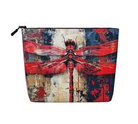 Bolsa de maquillaje abstracta de una sola capa con estampado de libélula roja, de cáñamo falso, con cremallera, accesorios para mujer, color negro, talla única, Negro, One Size