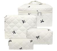 Bolsa de maquillaje acolchada, bolsa de cosméticos de viaje de gran capacidad para mujeres y niñas, almacenamiento estético para uso diario y de viaje, Crema Blanco, 4 lazos bordados