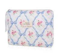 Bolsa de maquillaje acolchada, bolsa de cosméticos floral para mujer, bonita bolsa de maquillaje de algodón, bolsa organizadora de artículos de tocador de viaje con flores (flor azul), Flor azul,