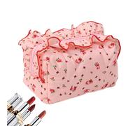 Bolsa de maquillaje acolchada - Organizador de ética floral con volantes, bolsillo de viaje portátil, elegante funda con cremallera estética, almacenamiento de belleza ligero | Bolso para mujeres