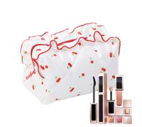 Bolsa de maquillaje acolchada - Organizador de ética floral con volantes, bolsillo de viaje portátil, elegante funda con cremallera estética, almacenamiento de belleza ligero | Bolso para mujeres