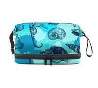 Bolsa de maquillaje - Bolsa de cosméticos de viaje de gran capacidad, azul agua, caballo, conchas, estrella de mar, caracola, cangrejo, Varios colores, 27x15x14 cm/10.6x5.9x5.5 in
