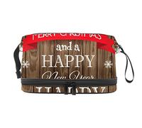Bolsa de maquillaje - Bolsa de cosméticos de viaje de gran capacidad, borde nevado de Navidad y textura de madera, Varios colores, 27x15x14 cm/10.6x5.9x5.5 in