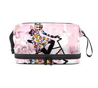 Bolsa de maquillaje - Bolsa de cosméticos de viaje de gran capacidad, rosa Spring Girl Rading a Bike Flower, Varios colores, 27x15x14 cm/10.6x5.9x5.5 in