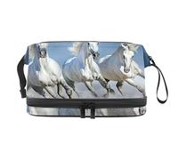 Bolsa de maquillaje - Bolsa de cosméticos de viaje de gran capacidad, tres caballos blancos corriendo, Varios colores, 27x15x14 cm/10.6x5.9x5.5 in