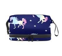 Bolsa de maquillaje - Bolsa de cosméticos de viaje de gran capacidad, unicornios, estrellas, azul marino mito, Varios colores, 27x15x14 cm/10.6x5.9x5.5 in