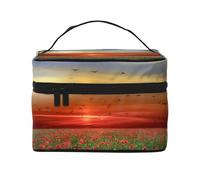 Bolsa de Maquillaje, Bolsa de cosméticos Grande, Bolsa de Viaje portátil, Impermeable de Cuero para Mujeres y niñas,Campo de Flores de Amapola roja al Atardecer Impreso