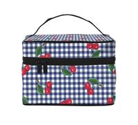 Bolsa de Maquillaje, Bolsa de cosméticos Grande, Bolsa de Viaje portátil, Impermeable de Cuero para Mujeres y niñas,Imprimir Cerezas en Cuadros Azules
