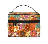 Bolsa de Maquillaje, Bolsa de cosméticos Grande, Bolsa de Viaje portátil, Impermeable de Cuero para Mujeres y niñas,Retro años 70 Estampado Floral Colorido