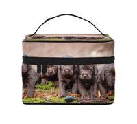 Bolsa de Maquillaje, Bolsa de cosméticos Grande, Bolsa de Viaje portátil, Impermeable de Cuero para Mujeres y niñas,Cachorros Labrador Familia Cachorros Pequeños Marrón