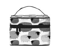 Bolsa de Maquillaje, Bolsa de cosméticos Grande, Bolsa de Viaje portátil, Impermeable de Cuero para Mujeres y niñas,Ovejas Divertidas sobre Fondo Gris