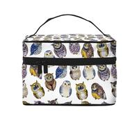 Bolsa de Maquillaje, Bolsa de cosméticos Grande, Bolsa de Viaje portátil, Impermeable de Cuero para Mujeres y niñas,Búhos Lindos Acuarela