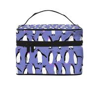 Bolsa de Maquillaje, Bolsa de cosméticos Grande, Bolsa de Viaje portátil, Impermeable de Cuero para Mujeres y niñas,Lindo pingüino Morado