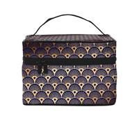 Bolsa de Maquillaje, Bolsa de cosméticos Grande, Bolsa de Viaje portátil, Impermeable de Cuero para Mujeres y niñas,Conchas Marinas Art Déco Azul Dorado y Azul Marino