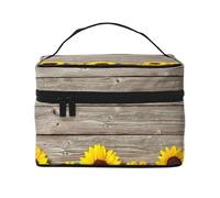 Bolsa de Maquillaje, Bolsa de cosméticos Grande, Bolsa de Viaje portátil, Impermeable de Cuero para Mujeres y niñas,Girasol sobre Madera rústica