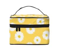 Bolsa de Maquillaje, Bolsa de cosméticos Grande, Bolsa de Viaje portátil, Impermeable de Cuero para Mujeres y niñas,Blanco Aster Margarita Amarillo