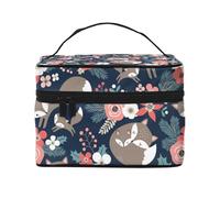 Bolsa de Maquillaje, Bolsa de cosméticos Grande, Bolsa de Viaje portátil, Impermeable de Cuero para Mujeres y niñas,Zorro Animal Flor Mon and Daughter Son