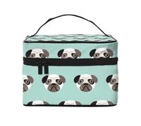 Bolsa de Maquillaje, Bolsa de cosméticos Grande, Bolsa de Viaje portátil, Impermeable de Cuero para Mujeres y niñas,Ilustración Pug Cachorro Azul Patrón Niños