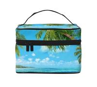 Bolsa de Maquillaje, Bolsa de cosméticos Grande, Bolsa de Viaje portátil, Impermeable de Cuero para Mujeres y niñas,Imprimir Océano Mar Playa Palmeras Hojas