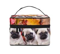 Bolsa de Maquillaje, Bolsa de cosméticos Grande, Bolsa de Viaje portátil, Impermeable de Cuero para Mujeres y niñas,Cachorros Pug