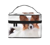 Bolsa de Maquillaje, Bolsa de cosméticos Grande, Bolsa de Viaje portátil, Impermeable de Cuero para Mujeres y niñas,Perro Papillon Esponjoso
