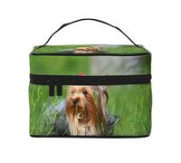 Bolsa de Maquillaje, Bolsa de cosméticos Grande, Bolsa de Viaje portátil, Impermeable de Cuero para Mujeres y niñas,Yorkshire Terrier Césped Lindos Perros Ummer Lazo Rojo
