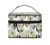 Bolsa de Maquillaje, Bolsa de cosméticos Grande, Bolsa de Viaje portátil, Impermeable de Cuero para Mujeres y niñas,Perro Cavalier King Charles Spaniel con Lindo Cactus