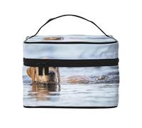 Bolsa de Maquillaje, Bolsa de cosméticos Grande, Bolsa de Viaje portátil, Impermeable de Cuero para Mujeres y niñas,Golden Retriever Flotante Perros Mascotas Labrador